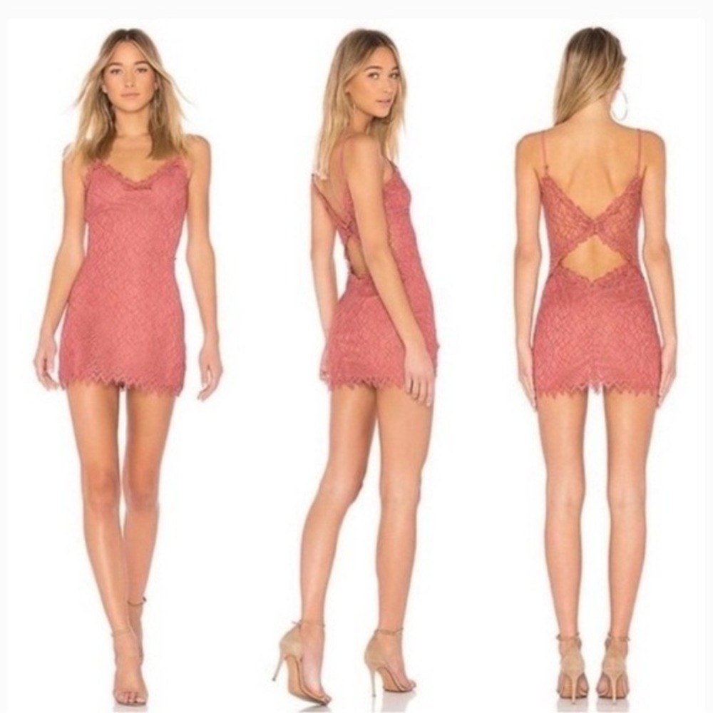 revolve NBD Womens‎ XXS Rose Pink Lace Mini Dress Open Back Scalloped Trim New